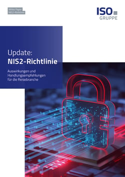 Titelbild des Whitepapers zur NIS2-Richtlinie der ISO-Gruppe – Update mit Auswirkungen und Handlungsempfehlungen für die Reisebranche, dargestellt mit digitalem Vorhängeschloss als Symbol für Cybersicherheit.