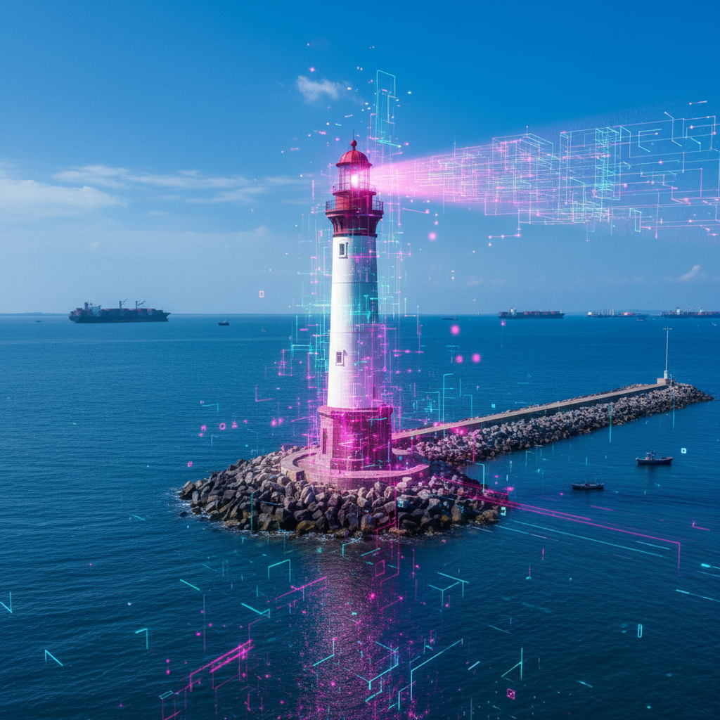 Lighthouse by the sea with digital network elements as a symbol for SAP data governance, transparent workflows and controlled master data processes.  