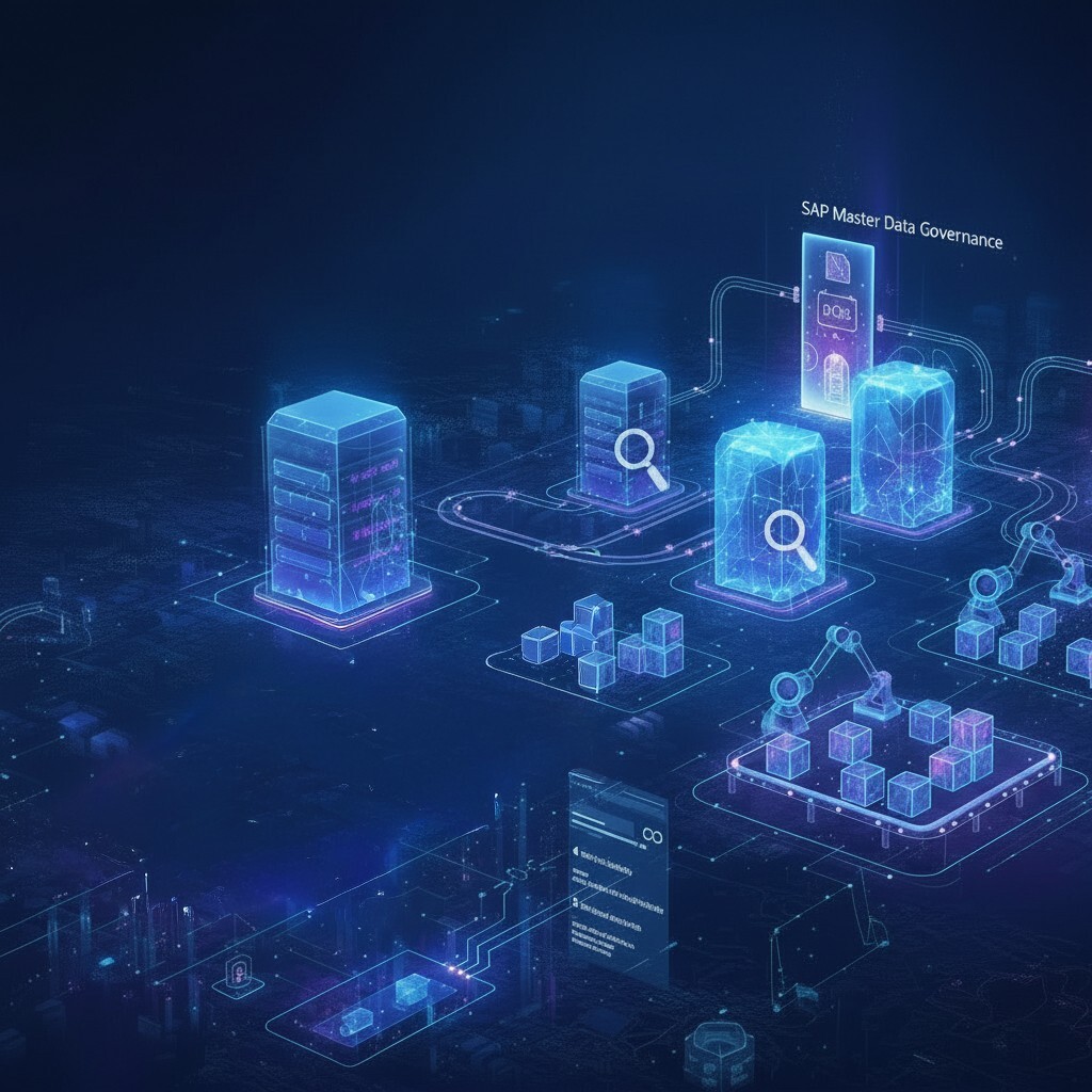 Digital data structures and interconnected validation processes symbolising systematic duplicate detection within SAP environments. The image represents rule-based analysis, identification and cleansing of redundant master data during daily operations or migration projects.