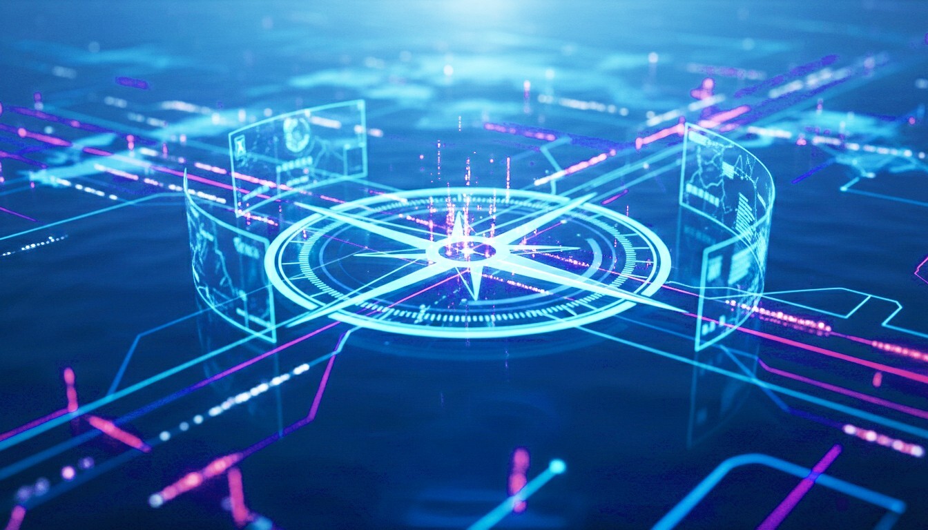Digital compass symbolising secure navigation through regulatory requirements within SAP environments. The image represents rule-based screening of business partners against national and international sanctions lists directly inside SAP.