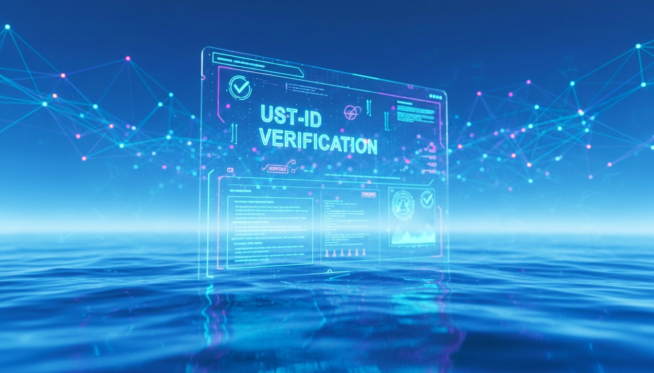 Digital verification interface symbolising system-integrated VAT ID validation within SAP environments. The image illustrates automated requests and qualified confirmation checks to ensure compliant handling of VAT identification numbers.